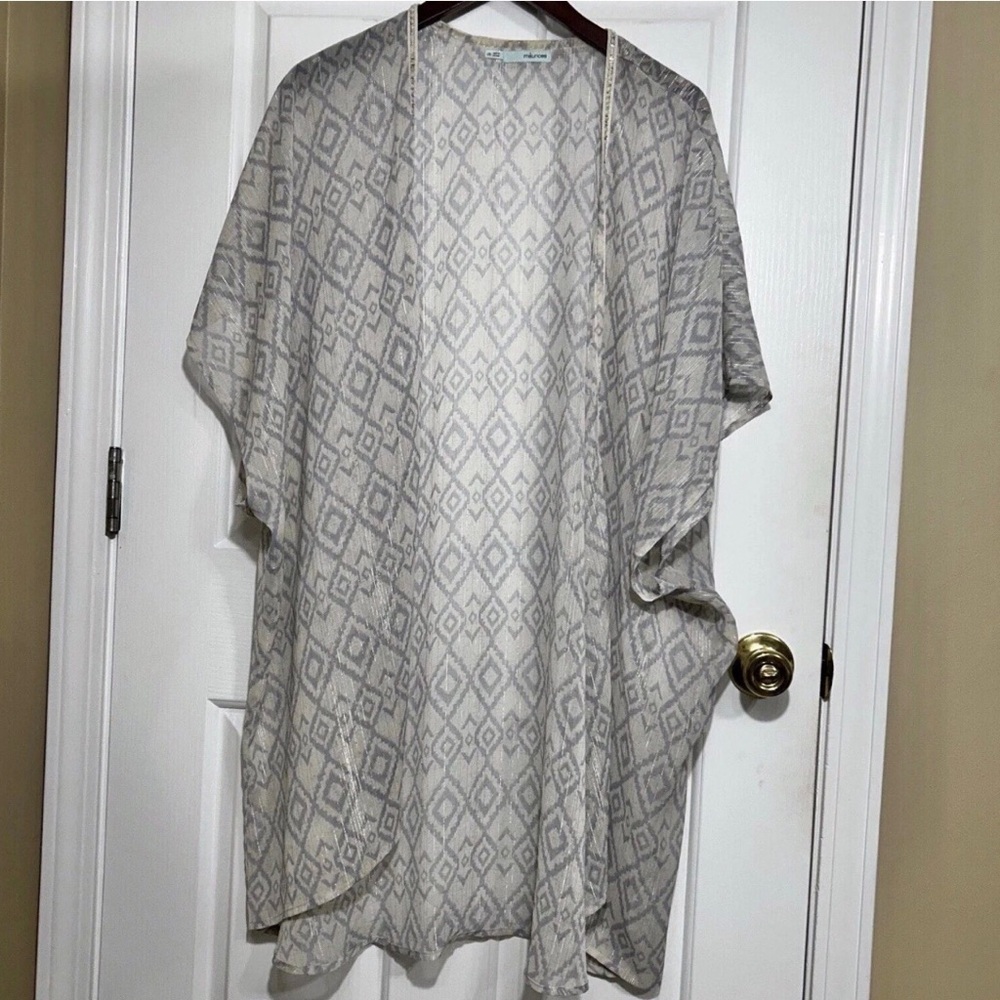 Maurices Silver Metallic Ikat Kimono Cardigan L/XL Sheer Boho Open Front Shrug